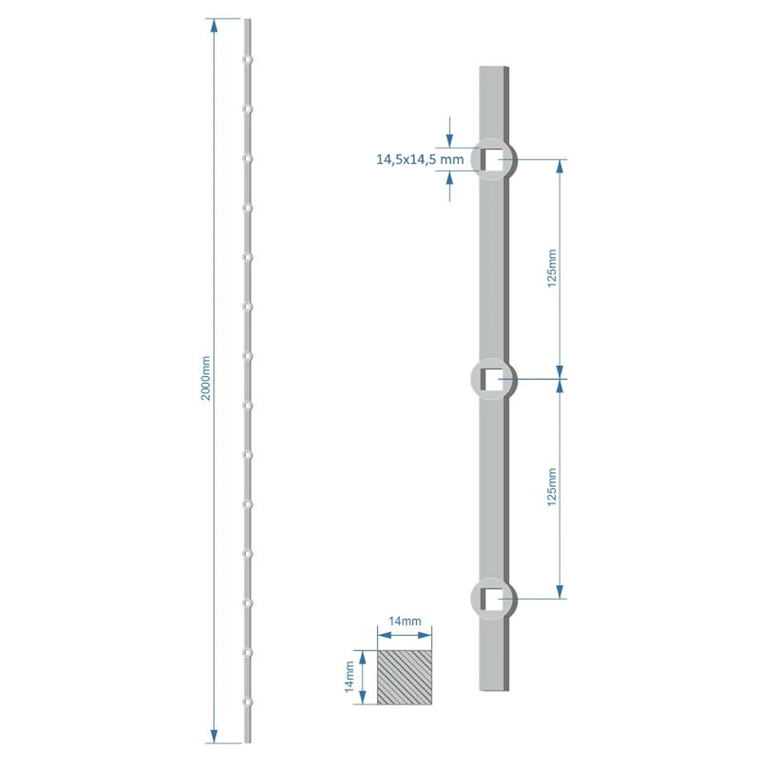 tyč 2m opieskovaná, profil 14mm, rozteč 125mm, oko 14,5mm