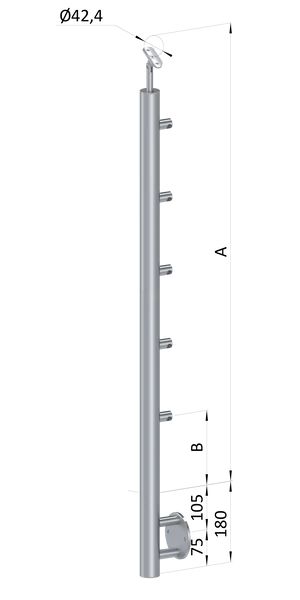 Nerezový sloup, boční kotvení, 5 řadový průchodný, vnitřní, vrch nastavitelný (ø 42,4x2 mm), leštěná nerez / AISI304 - slide 0