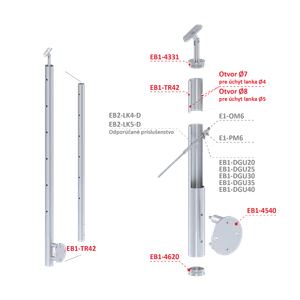 Nerezový sloup, boční kotvení, 6 děrový koncový na lanko,  vrch nastavitelný (ø 42.4x2mm), broušená nerez K320 /AISI304 - slide 2