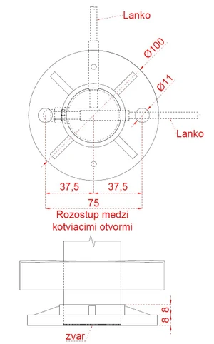 Nerezový sloup, vrchní kotvení, 8děrový, lanko, rohový 90° - slide 3