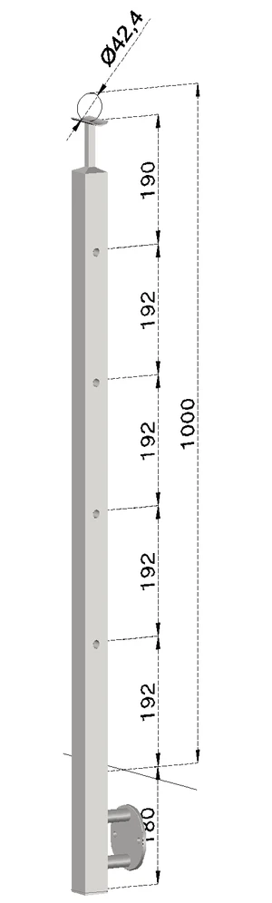 nerezový stĺp, bočné kotvenie, 4 dierový priechodný, vrch pevný (40x40mm), brúsená nerez K320 /AISI304 - slide 0