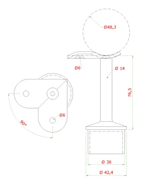 Do vypredania zásob: držiak madla pevný na trubku ø 48.3mm (76.5x61mm, 90° uhol) na madlo ø 42.4 mm,  brúsená nerez K320 /AISI304 - slide 1