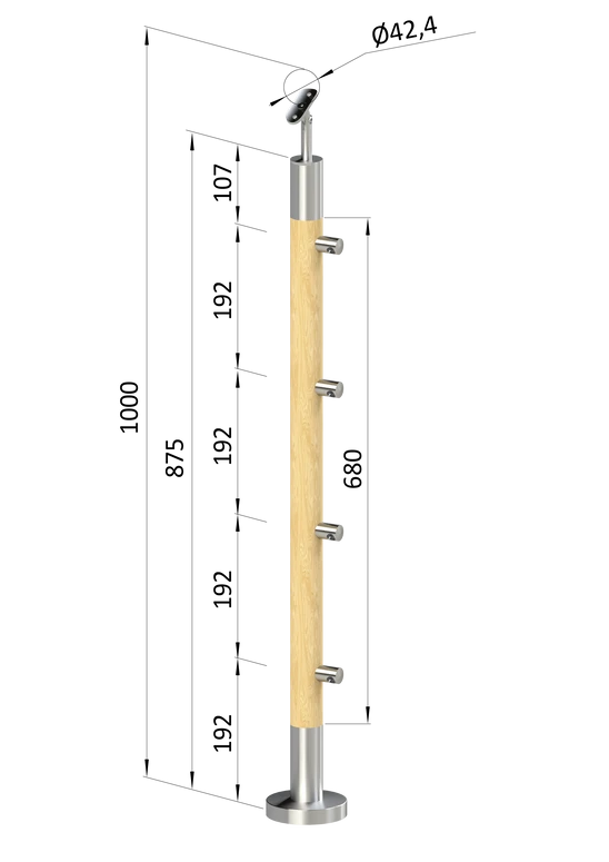 drevený stĺp, vrchné kotvenie, 4 radový, priechodný, vrch nastaviteľný (ø 42mm), materiál: buk, brúsený povrch s náterom BORI (bezfarebný)
