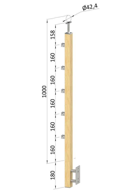 drevený stĺp, bočné kotvenie, 5 radový, priechodný, vonkajší, vrch pevný, (40x40mm), materiál: buk, brúsený povrch s náterom BORI (bezfarebný)