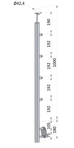 Nerezový sloup, boční kotvení, 4 řadový průchodný, vnitřní, vrch pevný (ø 42,4x2 mm), broušená nerez K320 / AISI304 - slide 0