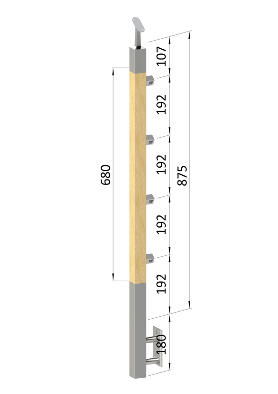 dřevěný sloup, boční kotvení, 4 řadový, průchozí, vnitřní, vrch nastavitelný (40x40mm), materiál: buk, broušený povrch s nátěrem BORI (bezbarvý)