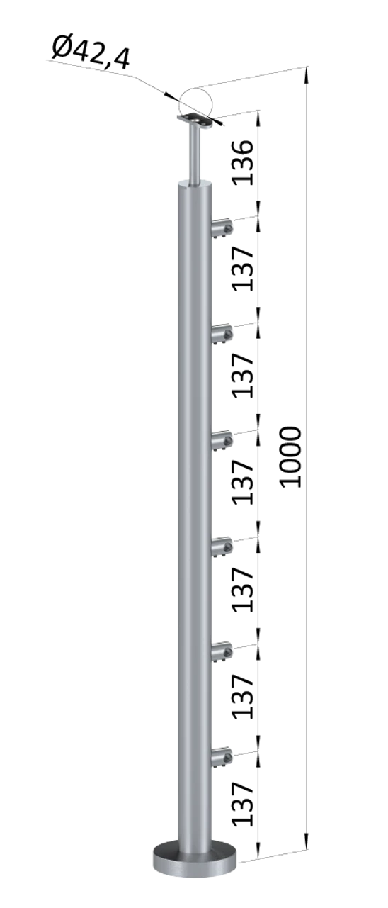 nerezový stĺp, vrchné kotvenie, 6 radový priechodný, vrch pevný (ø 42.4x2mm), brúsená nerez K320 /AISI316