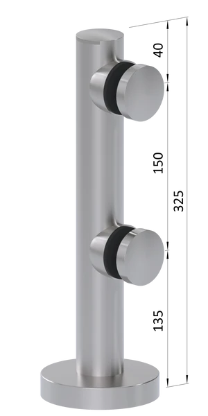 Nerezový stĺpik na sklo s dvomi svorkami ø50mm, celková výška: 325mm, pre sklo: 12-20mm brúsená nerez K320 / AISI 304. (Balenie obsahuje gumičky na sklo) - slide 1