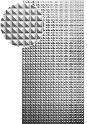 Plech pozinkovaný 2000 x 1000 x 1,2 mm, lisovaný vzor PYRAMIDA 2, 3D efekt. Skutečný rozměr1990 x 950 x 1,2 mm - slide 0