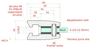 Svorka skla na trubku ø 42,4mm s podložkou a bezpeč. kolíkem (52x52x32mm), broušená nerez K320 /AISI304, balení neobsahuje gumičky na sklo - slide 4