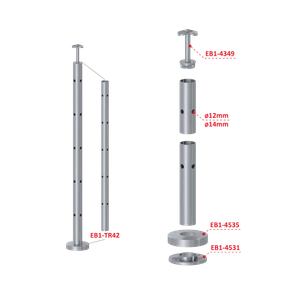 Nerezový sloup, vrchní kotvení, 5 děrový, rohový: 90°, vrch pevný, (ø42,4x2 mm), broušená nerez K320 / AISI304 - slide 2