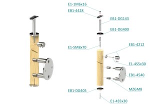 Dřevěný sloup, boční kotvení, 5 řadový, průchozí, vnitřní, vrch pevný (ø42 mm), materiál: buk, broušený povrch s nátěrem BORI (bezbarvý) - slide 2