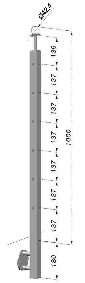 Nerezový sloup, boční kotvení, 6 děrový koncový, levý, vrch pevný, (40x40 mm), broušená nerez K320 / AISI304 - slide 0