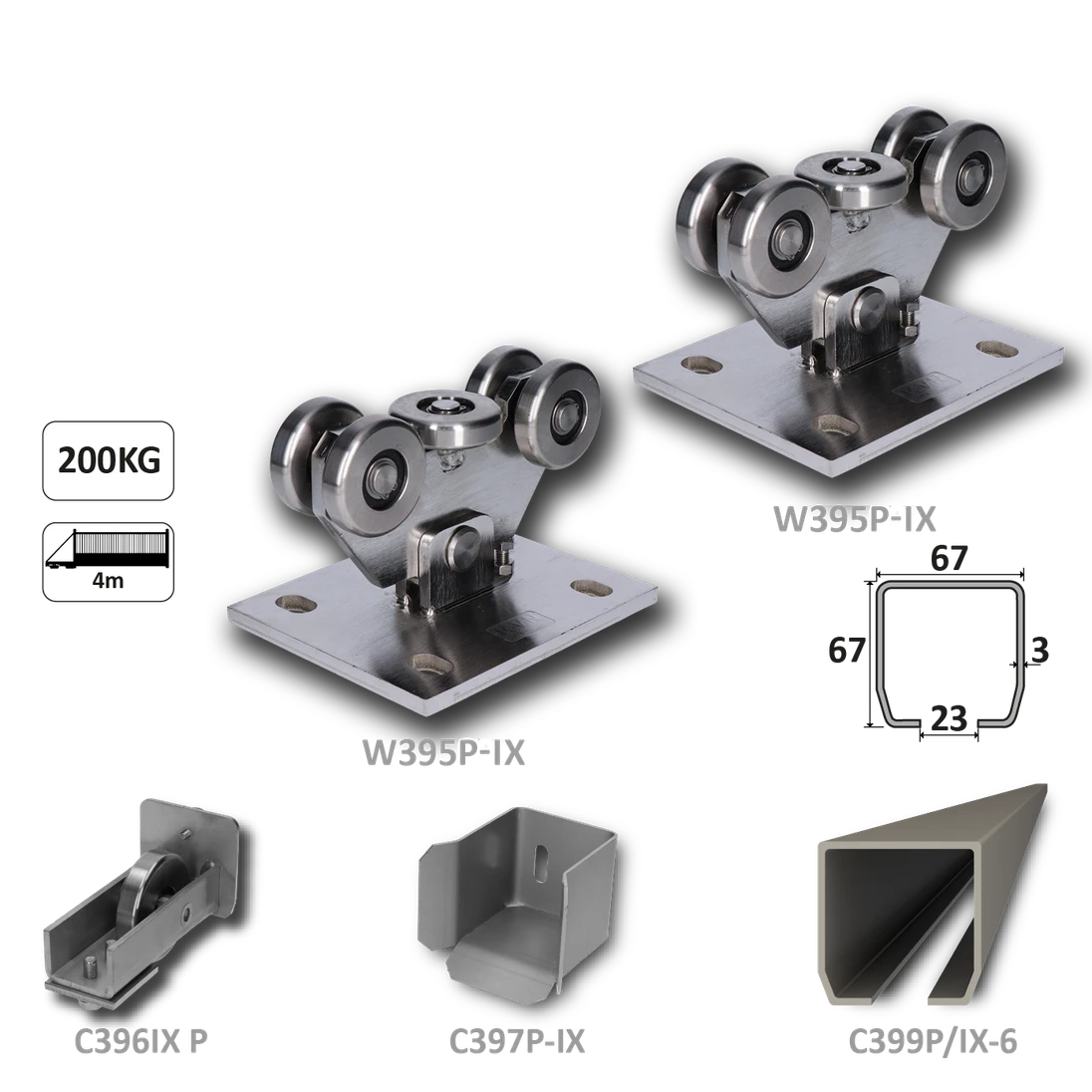 Nerezový samonosný systém 67x67x3mm pre posuvné brány do 200kg/4m otvor (C399P-IX 1x6m nerezový profil, W395P-IX 2ks, C397P-IX 1ks, C396P-IX 1ks