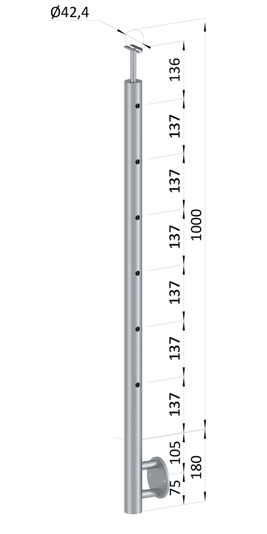 Nerezový sloup, boční kotvení, 6 děrový koncový, pravý, vrch pevný (ø 42,4x2 mm), leštěná nerez / AISI304