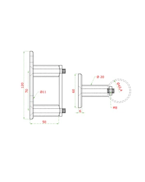 Úchyt na bočné kotvenie stĺpu ø 42.4mm, (kotviaca platňa 120x60x6mm), brúsená nerez K320 /AISI304 - slide 1