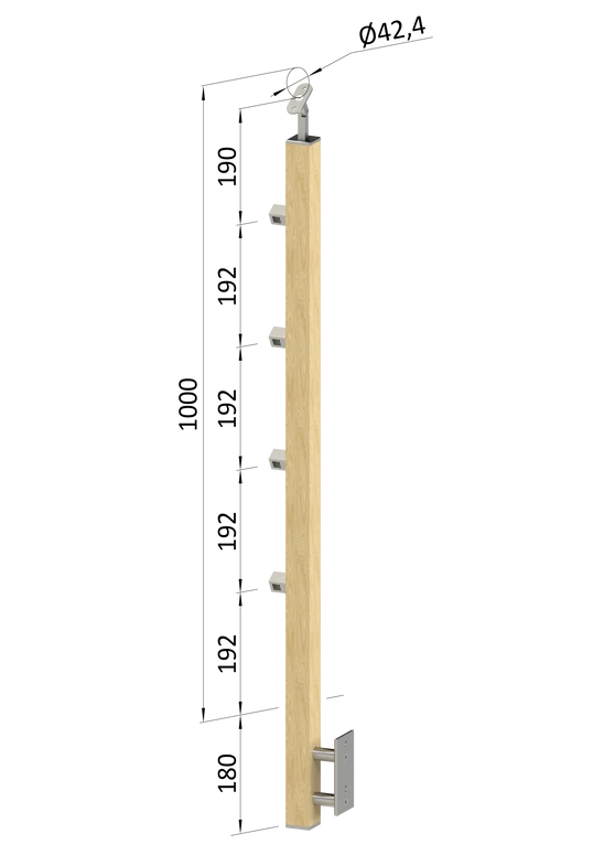 drevený stĺp, bočné kotvenie, 4 radový, priechodný, vonkajší, vrch nastaviteľný, (40x40mm), materiál: buk, brúsený povrch s náterom BORI (bezfarebný)