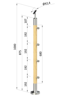 drevený stĺp, vrchné kotvenie, 4 radový, priechodný, vrch nastaviteľný (ø 42mm), materiál: buk, brúsený povrch bez náteru - slide 0