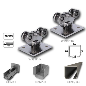 Nerezový samonosný systém 67x67x3mm pre posuvné brány do 200kg/4m otvor (C399P-IX 1x6m nerezový profil, W395P-IX 2ks, C397P-IX 1ks, C396P-IX 1ks - slide 0