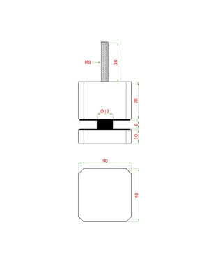 Svorka čtvercová bodová na sklo 6-16 mm plochá (40x40x28 mm / M8x70 mm), broušená nerez K320 / AISI304, balení obsahuje gumičky na sklo - slide 1