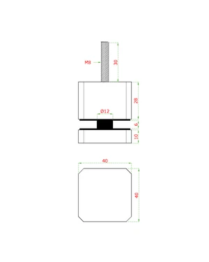 svorka štvorcová bodová na sklo 6-16mm plochá (40x40x28mm / M8x70mm), brúsená nerez K320 /AISI304, balenie obsahuje gumičky na sklo - slide 1