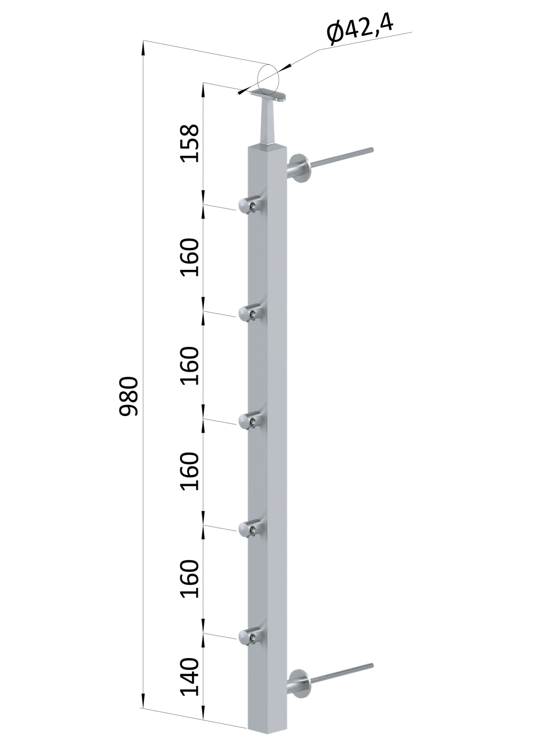 Nerezový sloup na francouzský balkón, boční kotvení, 5 řadový, pravý, vrch pevný, (40x40x2.0 mm), broušená nerez K320 /AISI304