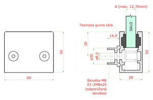 Svorka skla koncová plochá na jekl (60x50x28 mm), na sklo 8-12,76 mm, broušená nerez K320 / AISI304, balení neobsahuje gumičky na sklo - slide 2