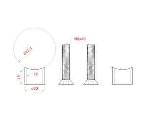 Prechod na vymedzenie vzdialenosti medzi stĺpom ø 42.4mm a kotviacou platňou, ø 20x2.0mm /L:15mm, vnút. skrutka: M8x40mm, brúsená nerez K320 /AISI304, bal: 2ks - slide 1