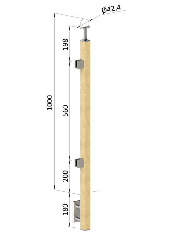 drevený stĺp, bočné kotvenie, výplň: sklo, koncový, ľavý, vrch pevný (40x40mm), materiál: buk, brúsený povrch bez náteru