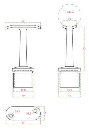 Držák madla pevný na trubku ø 42.4mm (66x82mm), broušená nerez K320 / AISI304 - slide 1