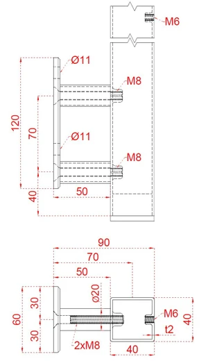 Nerezový sloup, boční kotvení, 4 řadový M6, vnější, vrch nastavitelný - slide 3