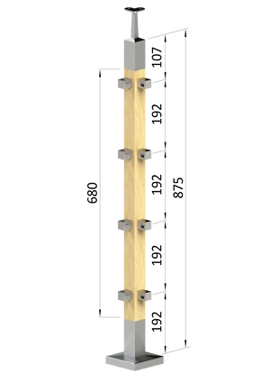 drevený stĺp, vrchné kotvenie, 4 radový rohový, vrch pevný (40x40mm), materiál: buk, brúsený povrch bez náteru - slide 0