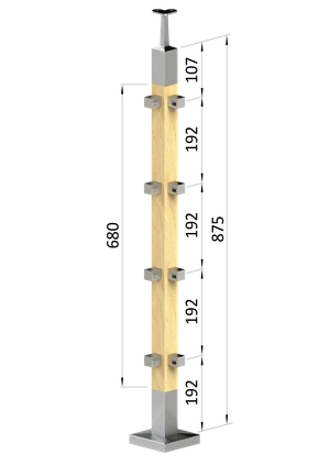 Dřevěný sloup, vrchní kotvení, 4 děrový rohový, vrch pevný (40x40 mm), materiál: buk, broušený povrch bez nátěru - slide 0