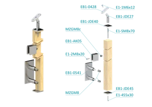 dřevěný sloup, boční kotvení, výplň: sklo, koncový, levý, vrch nastavitelný (40x40mm), materiál: buk, broušený povrch bez nátěru - slide 1