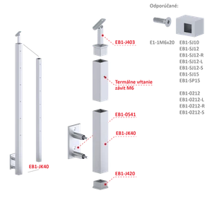 Nerezový sloup, boční kotvení, 6 řadový M6, vnější, vrch nastavitelný - slide 1