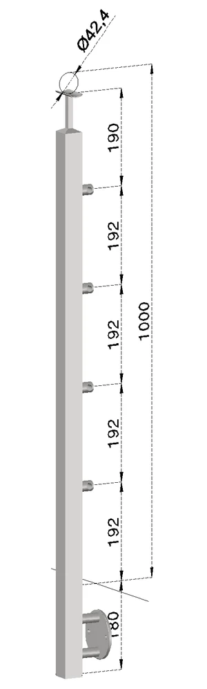 Nerezový sloup, boční kotvení, 4 řadový průchodný, vnitřní, vrch pevný, (40x40 mm), broušená nerez K320 / AISI304 - slide 0
