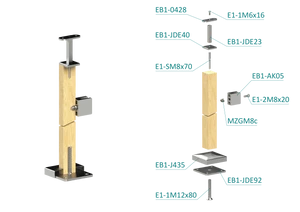 dřevěný sloup, vrchní kotvení, výplň: sklo, pravý, vrch pevný (40x40mm), materiál: buk, broušený povrch s nátěrem, BORI (bezbarvý) - slide 1