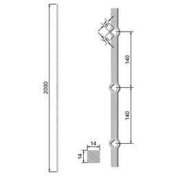 Tyč 2m opieskovaná, profil 14mm, rozteč 140mm, oko 14,5mm