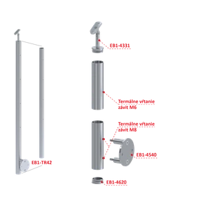 Nerezový sloup, boční kotvení, bez výplně, 4 řadový se závitem M6, vnitřní, vrch nastavitelný, (ø 42.4x2mm), broušená nerez K320 /AISI304 - slide 1