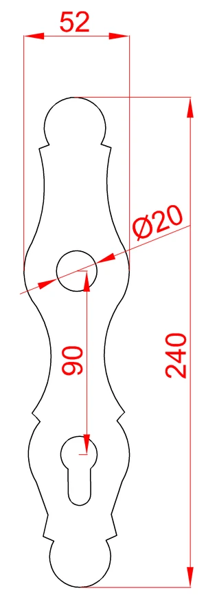 štít kovaný 240x52x3 mm, rozteč 90mm, otvor na kľučku ø20 mm - slide 1