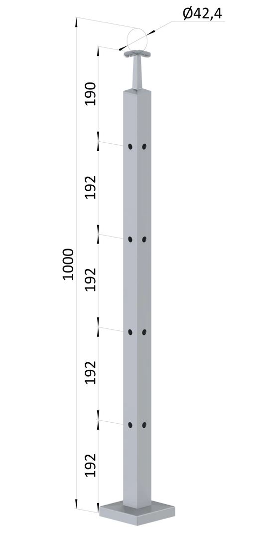 nerezový stĺp, vrchné kotvenie, 4 dierový rohový, vrch pevný (40x40mm), brúsená nerez K320 /AISI304