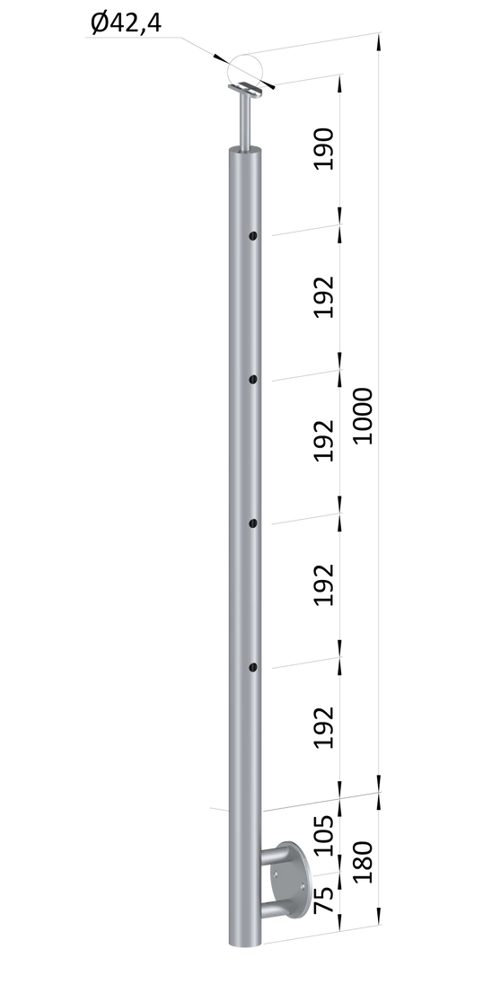 Nerezový sloup, boční kotvení, 4 děrový průchodný, vrch pevný (ø 42,4x2 mm), broušená nerez K320 / AISI316