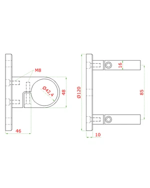 Úchyt na bočné kotvenie stĺpu ø 42.4mm, (kotviaca platňa ø 120 /10.0mm), brúsená nerez K320 /AISI304 - slide 1