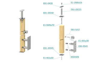 dřevěný sloup, boční kotvení, 5 řadový, průchozí, vnitřní, vrch pevný (40x40mm), materiál: buk, broušený povrch bez nátěru - slide 1