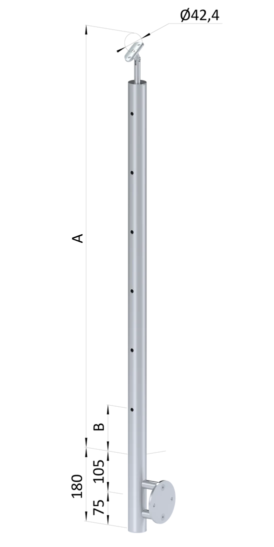 Nerezový sloup, boční kotvení, 6 děrový koncový na lanko,  vrch nastavitelný (ø 42.4x2mm), broušená nerez K320 /AISI304