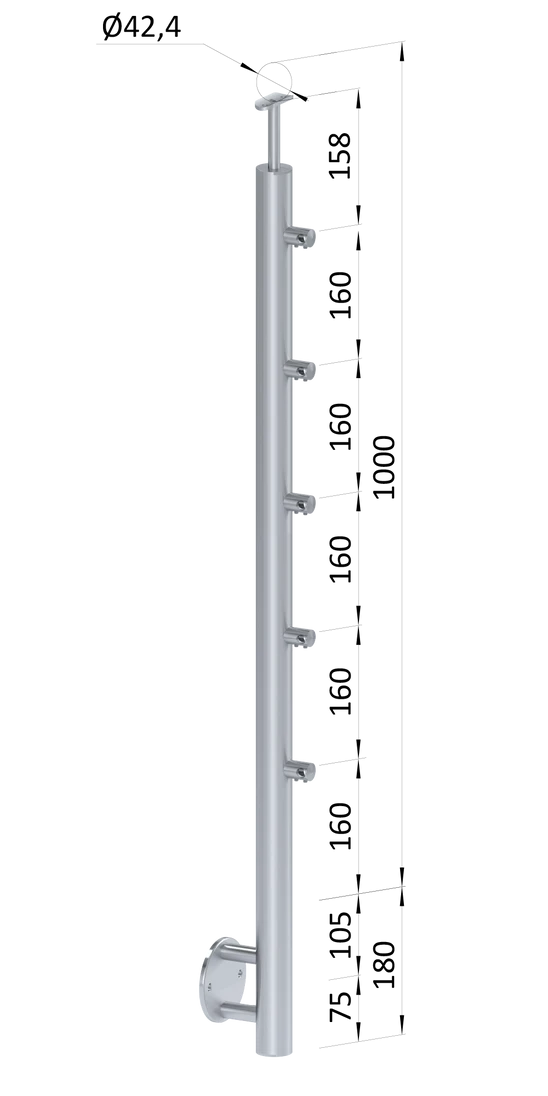 nerezový stĺp, bočné kotvenie, 5 radový priechodný, vonkajší, vrch pevný (ø 42.4x2mm), brúsená nerez K320 /AISI316