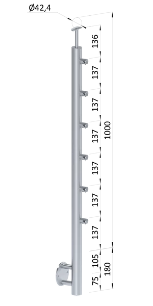 nerezový stĺp, bočné kotvenie, 6 radový priechodný, vonkajší, vrch pevný (ø 42.4x2mm), brúsená nerez K320 /AISI316 - slide 0