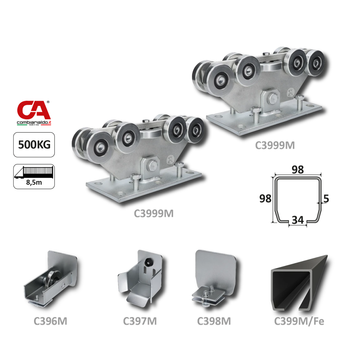 MEDIO-9 samonosný systém 98x98x5mm posuvnej brány do 500kg/8,5m otvor (C399M/Fe 1x6m čierny profil, C3999M 2ks, C396M 1ks, C397M 1ks, C398M 1ks), intenzívna prevádzka