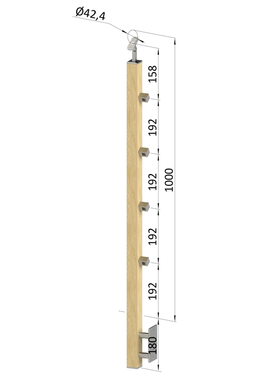 drevený stĺp, bočné kotvenie, 4 radový, priechodný, vnútorný, vrch nastaviteľný (40x40mm), materiál: buk, brúsený povrch s náterom BORI (bezfarebný)
