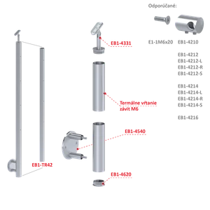 Nerezový sloup, boční kotvení, bez výplně, 4 řadový se závitem M6, vnější, vrch nastavitelný, (ø 42.4x2mm), broušená nerez K320 /AISI304 - slide 1